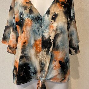 Tin Wagon Boutique Tie Front Blouse Size M Tie Dye Blue Orange‎ Beachy Coastal